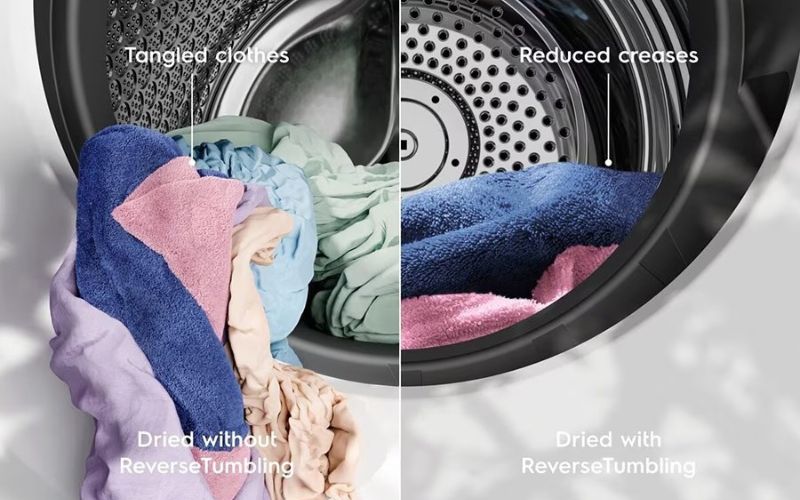 Công nghệ sấy đảo chiều Reverse Tumbling chống xoắn rối, nhăn nhúm đồ