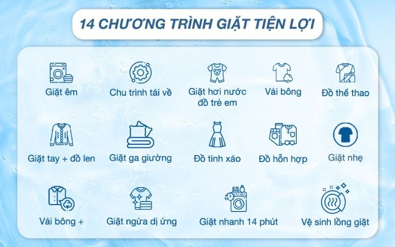 Khối lượng 9Kg, 14 chương trình hoạt động có khả năng giặt giũ lớn