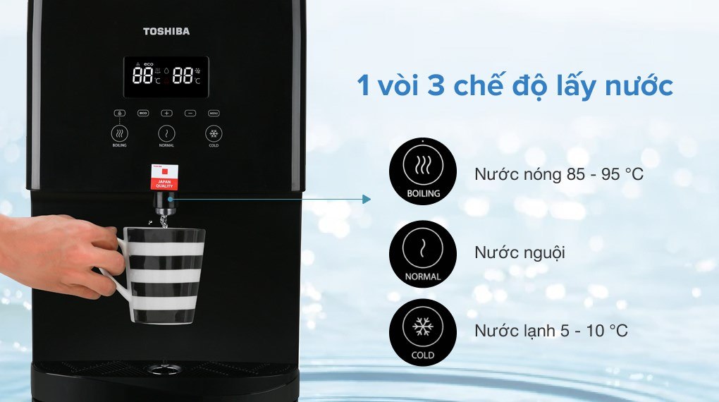 1 vòi 3 chế độ: nguội, nóng 85 - 95 độ C, lạnh 5 - 10 độ C phục vụ mọi nhu cầu sử dụng