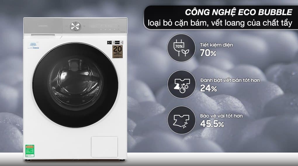 Công nghệ AI Ecobubble+ loại bỏ hoàn toàn các vết bẩn, bảo vệ sợi vải tối ưu