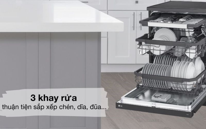 3 khay rửa rộng rãi sắp xếp chén dĩa, đũa muỗng thuận tiện, linh hoạt