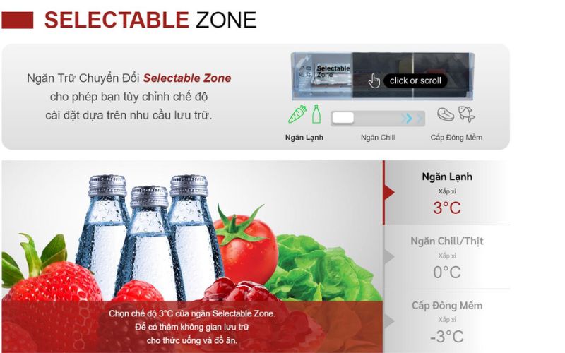 Ngăn chuyển đổi Selectable Zone thoải mái lưu trữ đa dạng nhiều loại thực phẩm