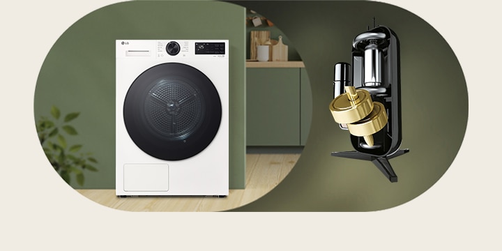 Image of an LG dryer placed in a green-themed interior with a visual highlight of the Inverter Compressor Motor.