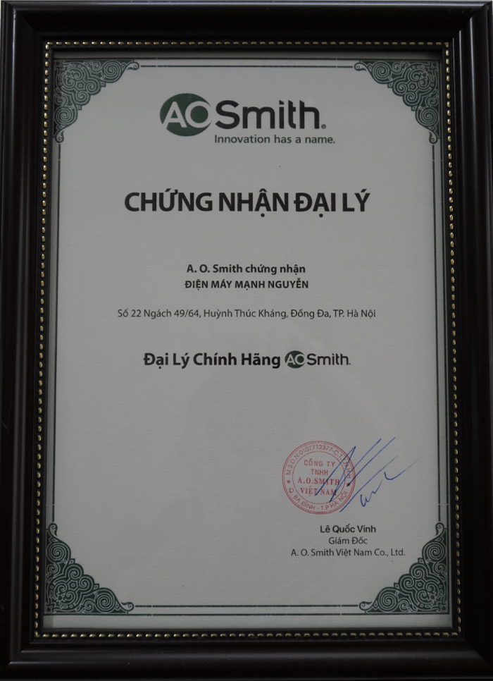 Chứng nhận đại lý máy lọc nước Ao Smith Chứng nhận đại lý máy lọc nước Ao Smith