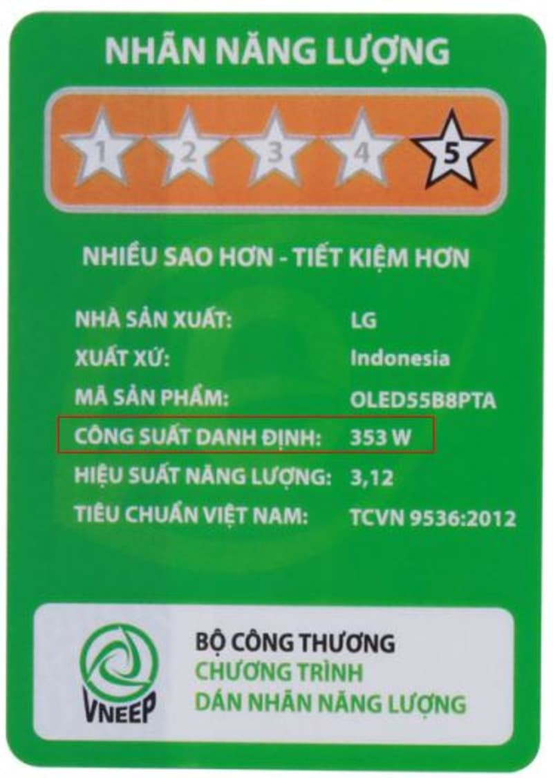 Nhãn dán năng lượng công suất Tivi LG