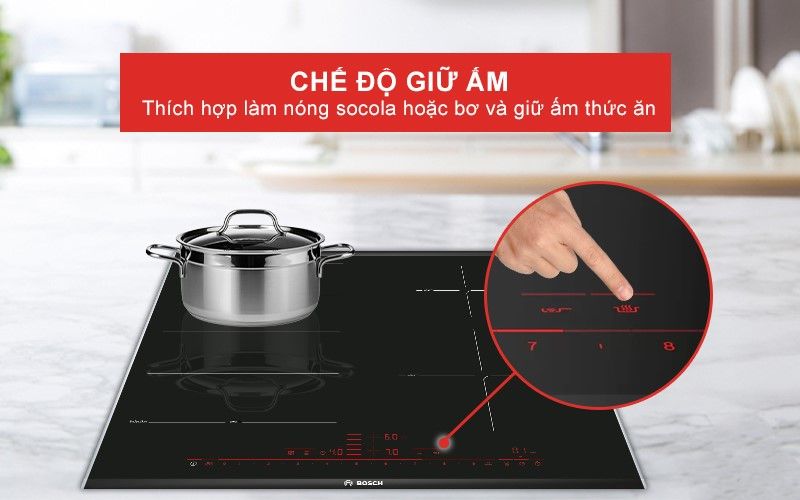 Giữ nhiệt độ ổn định cho thức ăn nhờ tính năng giữ ấm trên bếp từ Bosch PID675DC1E Giữ nhiệt độ ổn định cho thức ăn nhờ tính năng giữ ấm trên bếp từ Bosch PID675DC1E