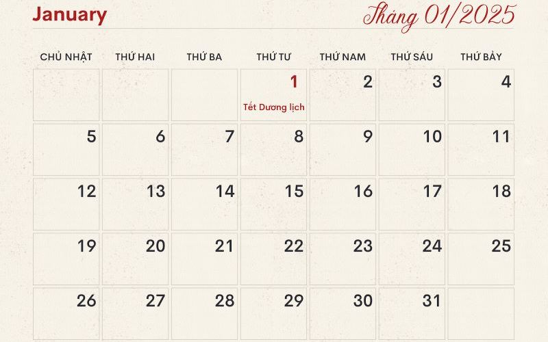 Tết Dương lịch được diễn ra vào thứ 4 ngày 01/01/2025 Tết Dương lịch được diễn ra vào thứ 4 ngày 01/01/2025